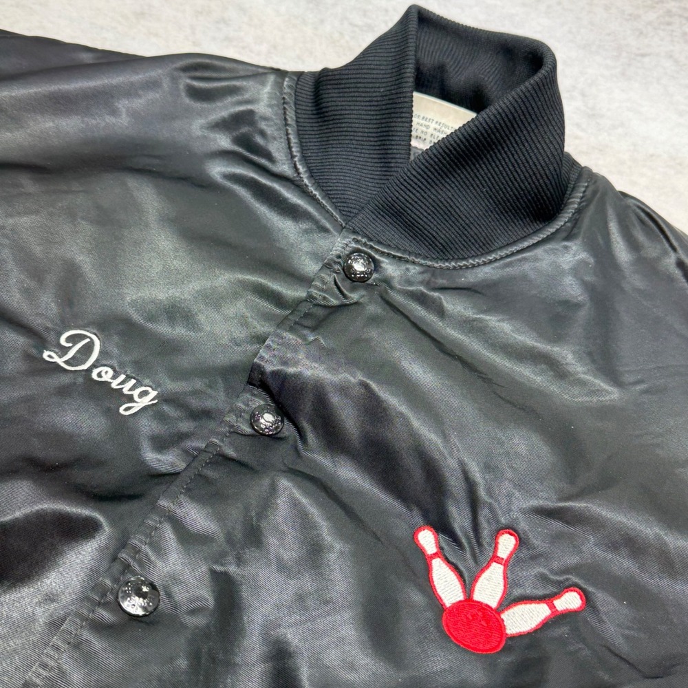VTG Birdie Richard by Leslie Large Black White Horse Hotel Bowling Bomber Jacket - Picture 2 of 8